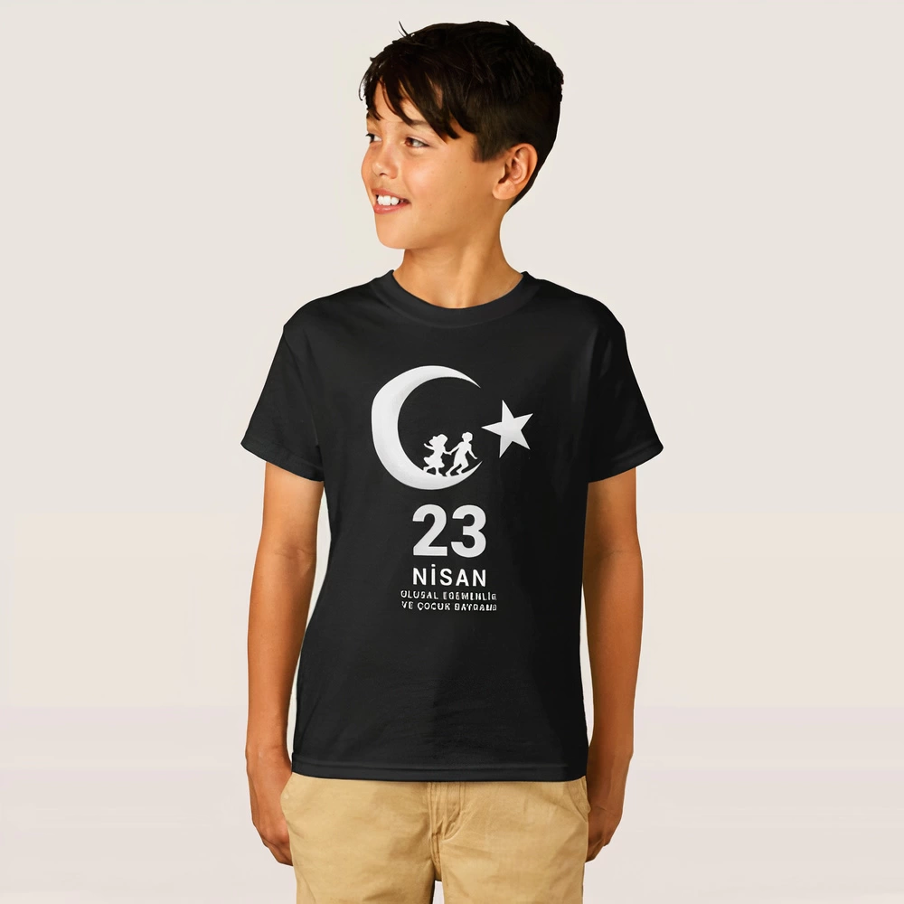 Çocuk 23 Nisan Ulusal Egemenlik ve Çocuk Bayramı Baskılı Bisiklet Yaka T-shirt - Siyah