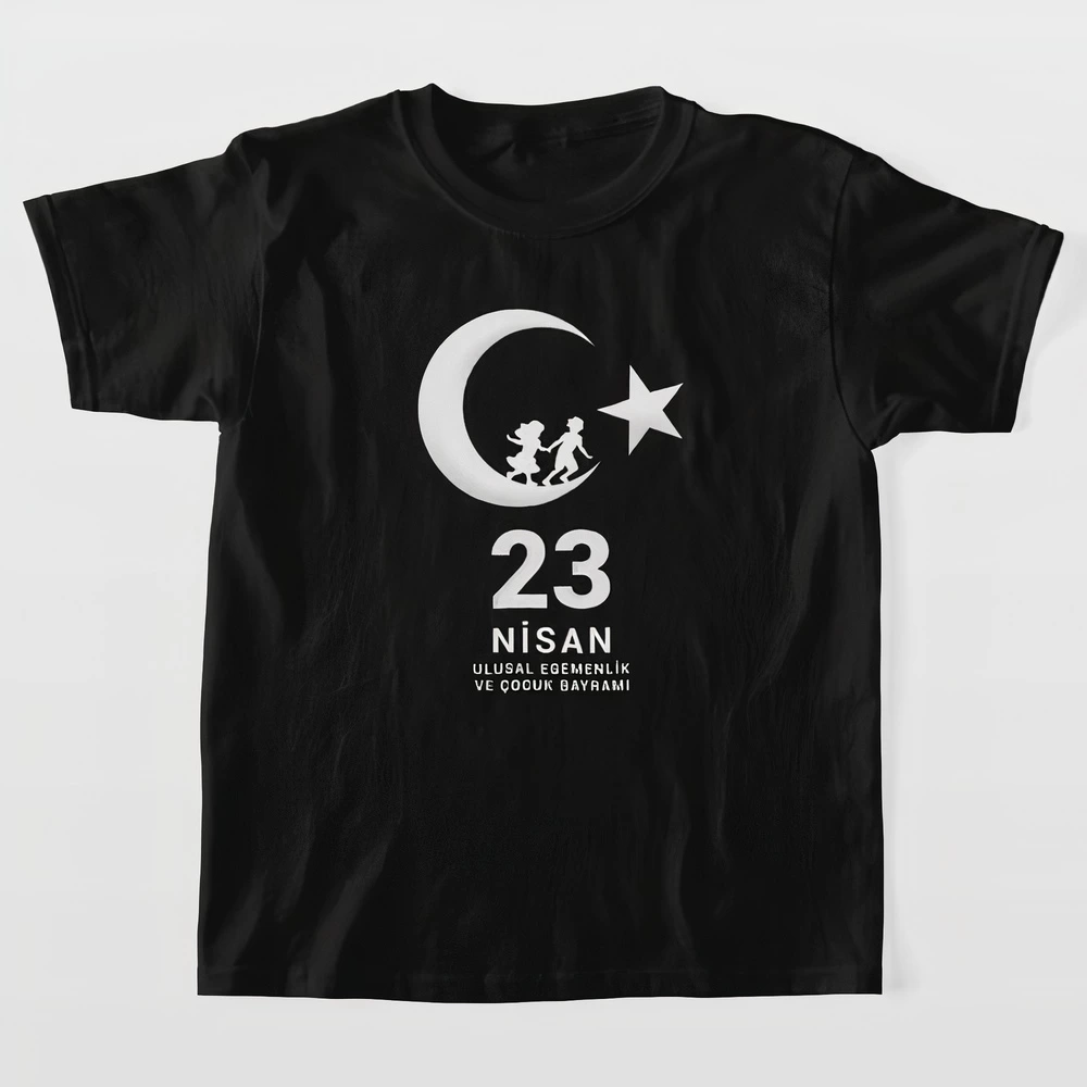 Çocuk 23 Nisan Ulusal Egemenlik ve Çocuk Bayramı Baskılı Bisiklet Yaka T-shirt - Siyah