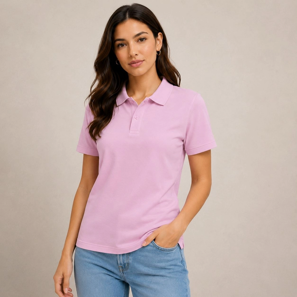 2'li Kadın Polo Yaka Pike Kumaş Düğmeli Basic Tişört Günlük Rahat Kesim - Beyaz, Pembe