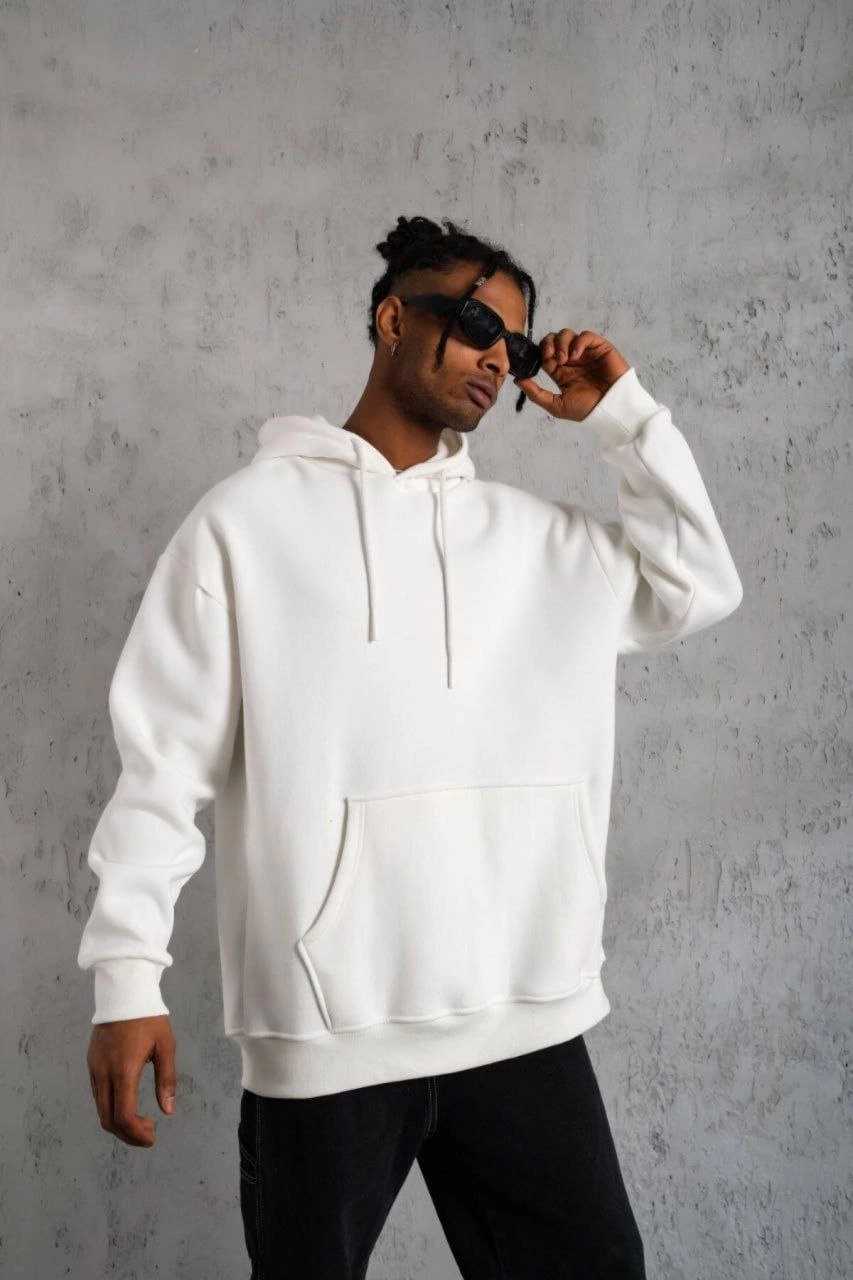 Erkek 3 İplik Pamuklu Kapüşonlu Cepli Düz Hoodie Sweatshirt - Beyaz