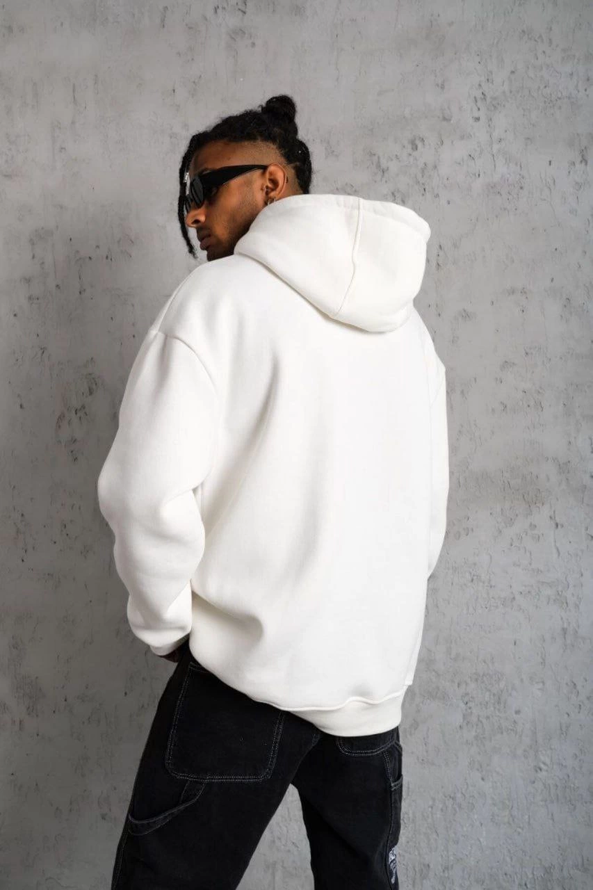Erkek 3 İplik Pamuklu Kapüşonlu Cepli Düz Hoodie Sweatshirt - Beyaz