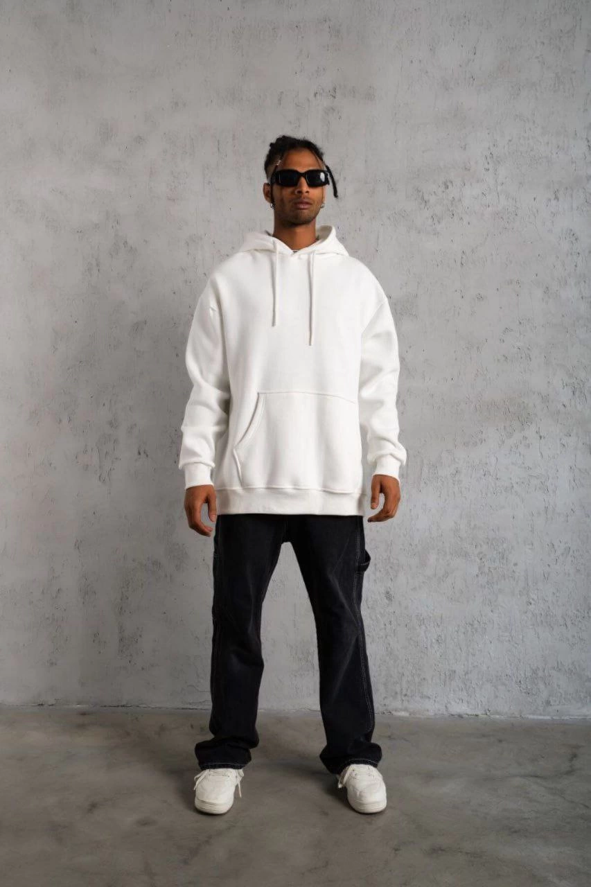 Erkek 3 İplik Pamuklu Kapüşonlu Cepli Düz Hoodie Sweatshirt - Beyaz