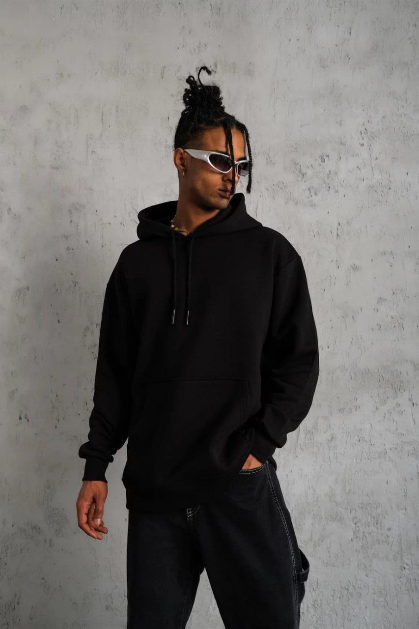 Erkek 3 İplik Pamuklu Kapüşonlu Cepli Düz Hoodie Sweatshirt - Siyah