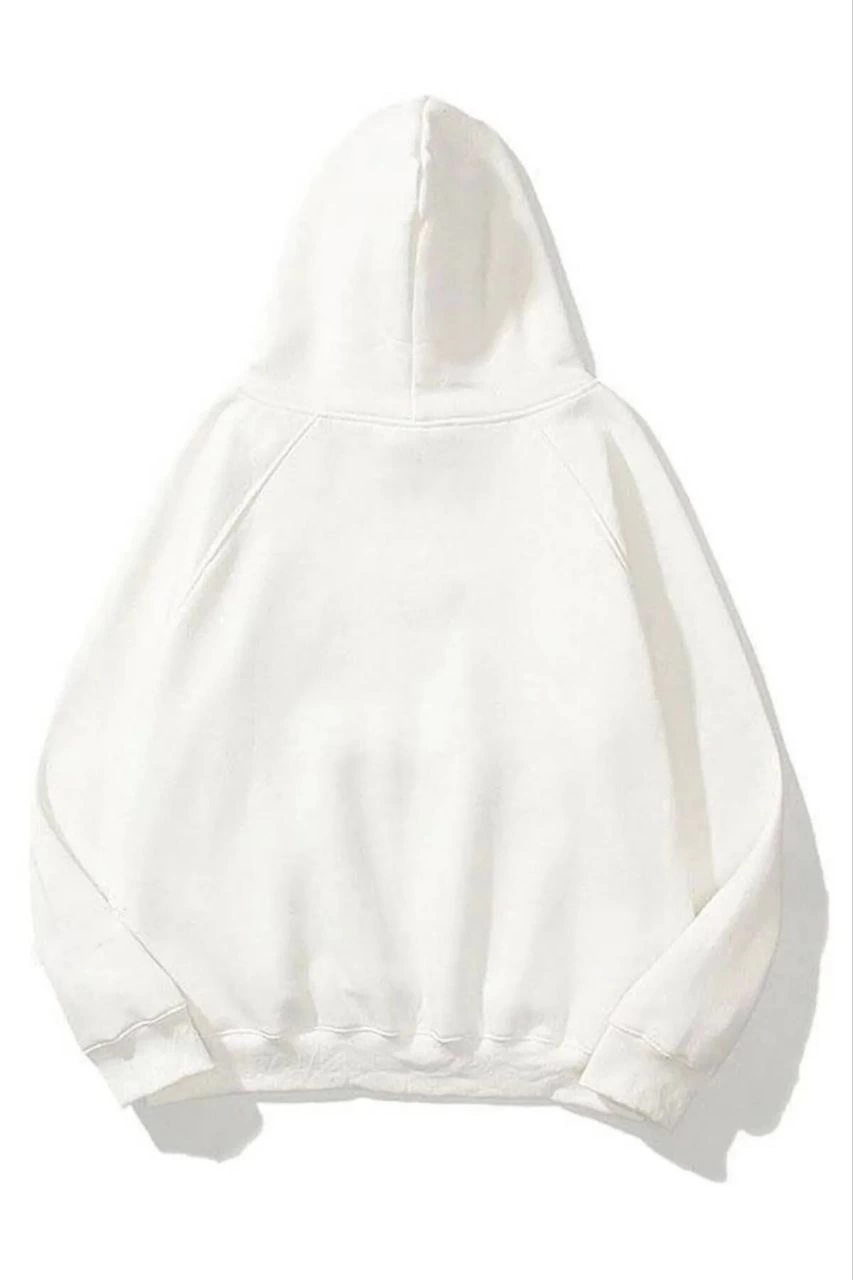 Kadın Kapüşonlu Kanguru Cepli 3 İplik Pamuklu Düz Hoodie Sweatshirt - Beyaz