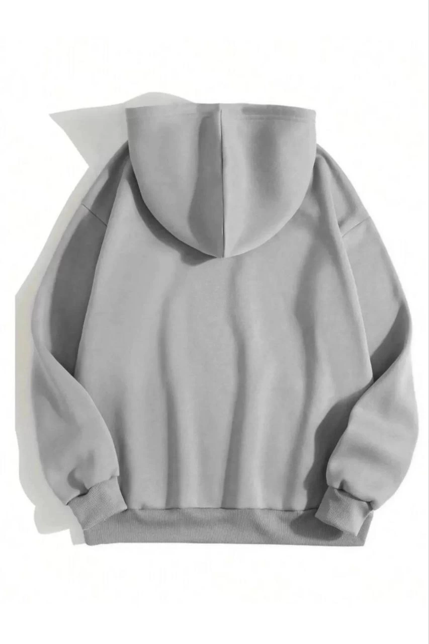 Kadın Kapüşonlu Kanguru Cepli 3 İplik Pamuklu Düz Hoodie Sweatshirt - Gri