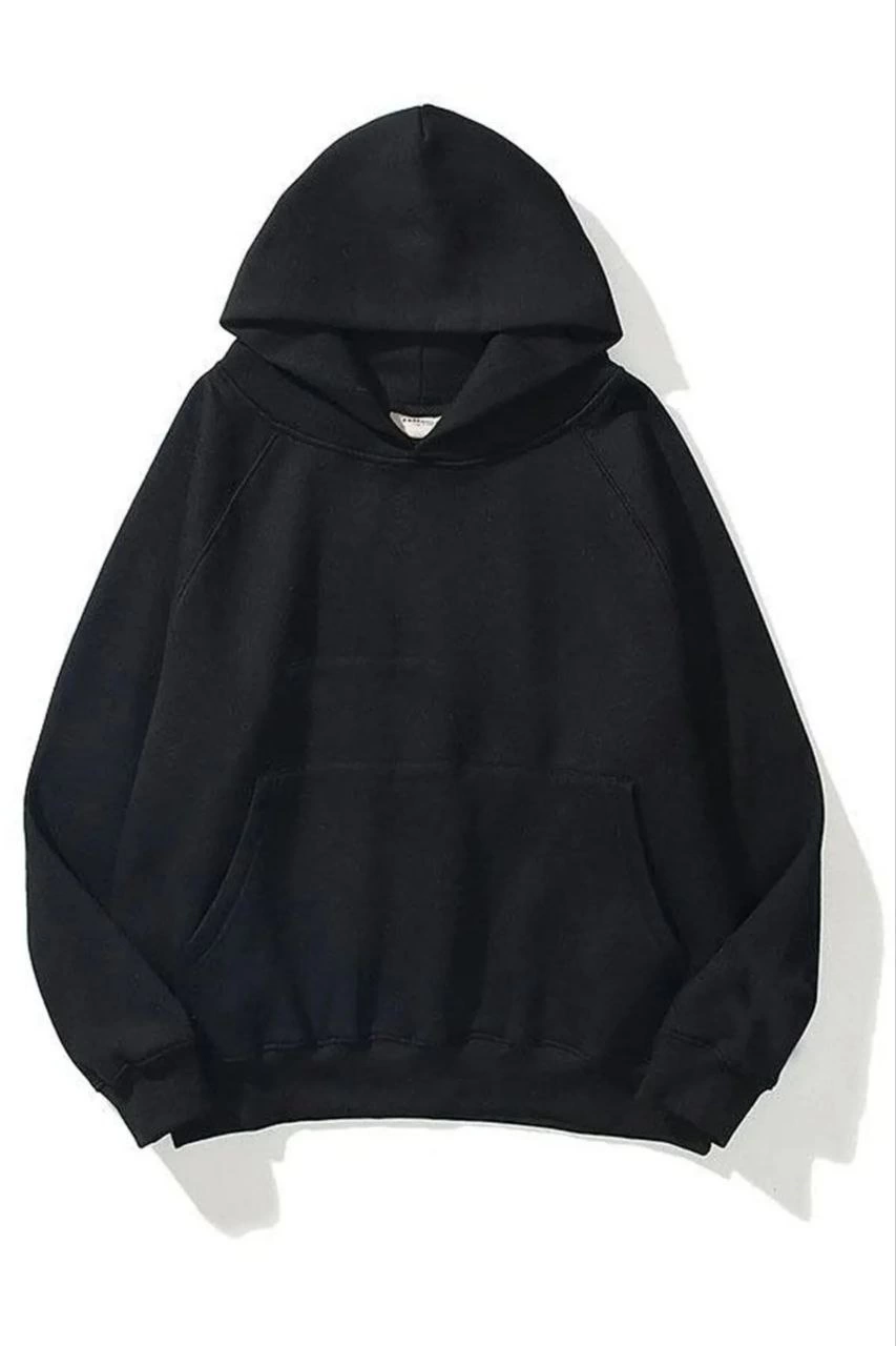 Kadın Kapüşonlu Kanguru Cepli 3 İplik Pamuklu Düz Hoodie Sweatshirt - Siyah