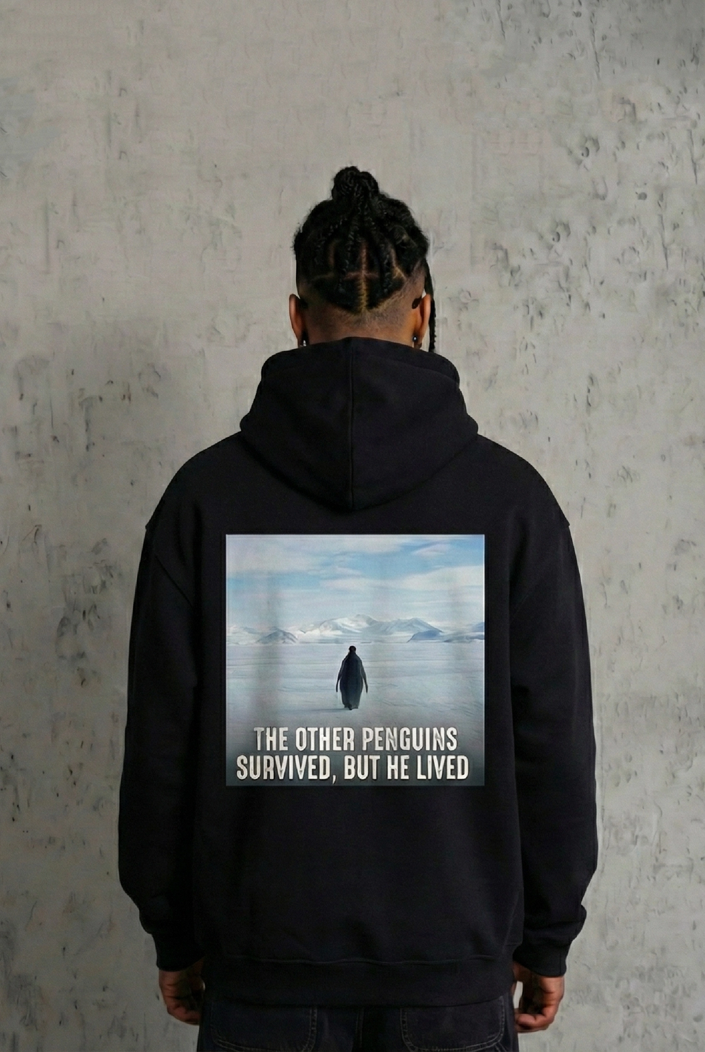 Erkek Survivor Penguin Baskılı 3 İplik Pamuklu Kapüşonlu Sweatshirt Hoodie Siyah