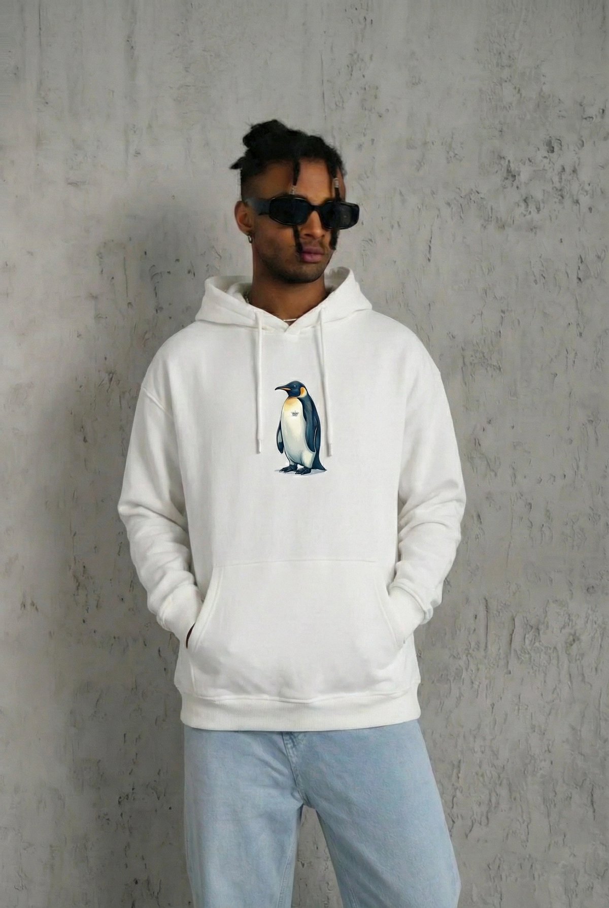 Erkek Survivor Penguin Baskılı 3 İplik Pamuklu Kapüşonlu Sweatshirt Hoodie Beyaz