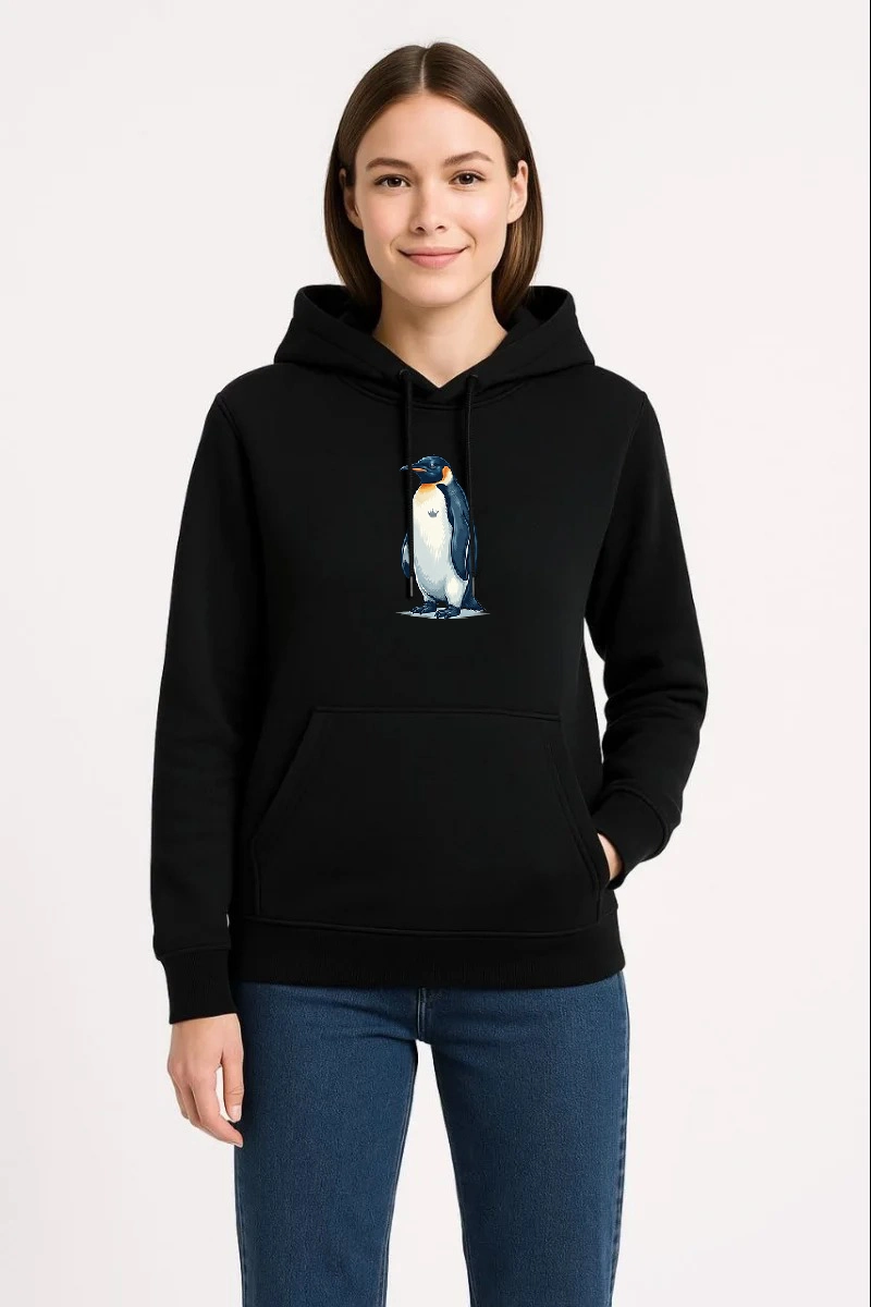 Kadın 3 İplik Pamuklu Kapüşonlu Hoodie Sweatshirt Survivor Penguen Baskılı - Siyah
