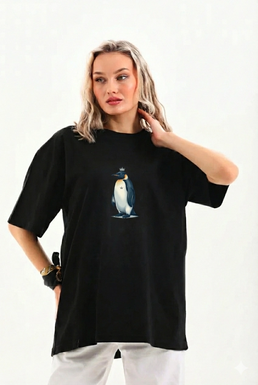 Kadın T-Shirt Penguen Baskılı Bisiklet Yaka Kısa kol yazlık Tişört - Siyah