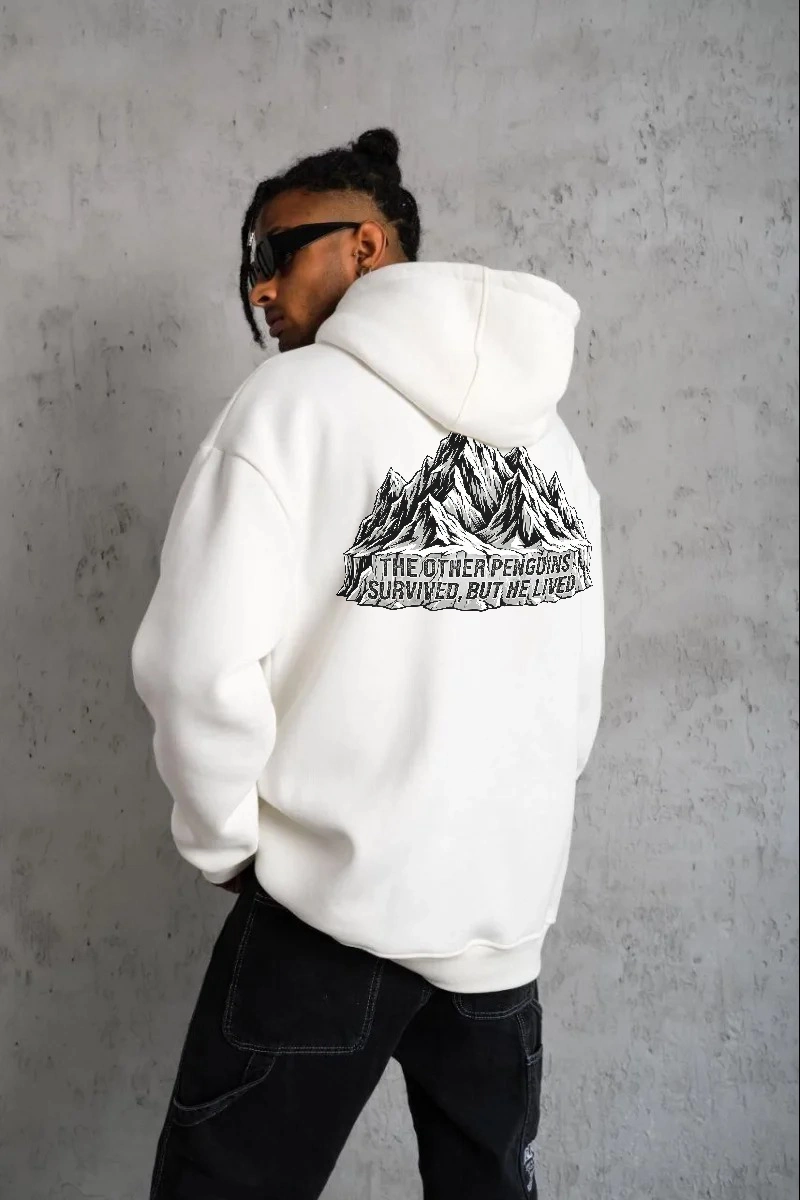 Erkek Nihilist Penguen Baskılı 3 İplik Pamuklu Kapüşonlu Sweatshirt Hoodie Beyaz