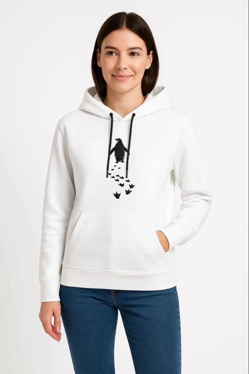 Kadın 3 İplik Pamuklu Kapüşonlu Hoodie Sweatshirt Nihilist Penguen Baskılı - Beyaz