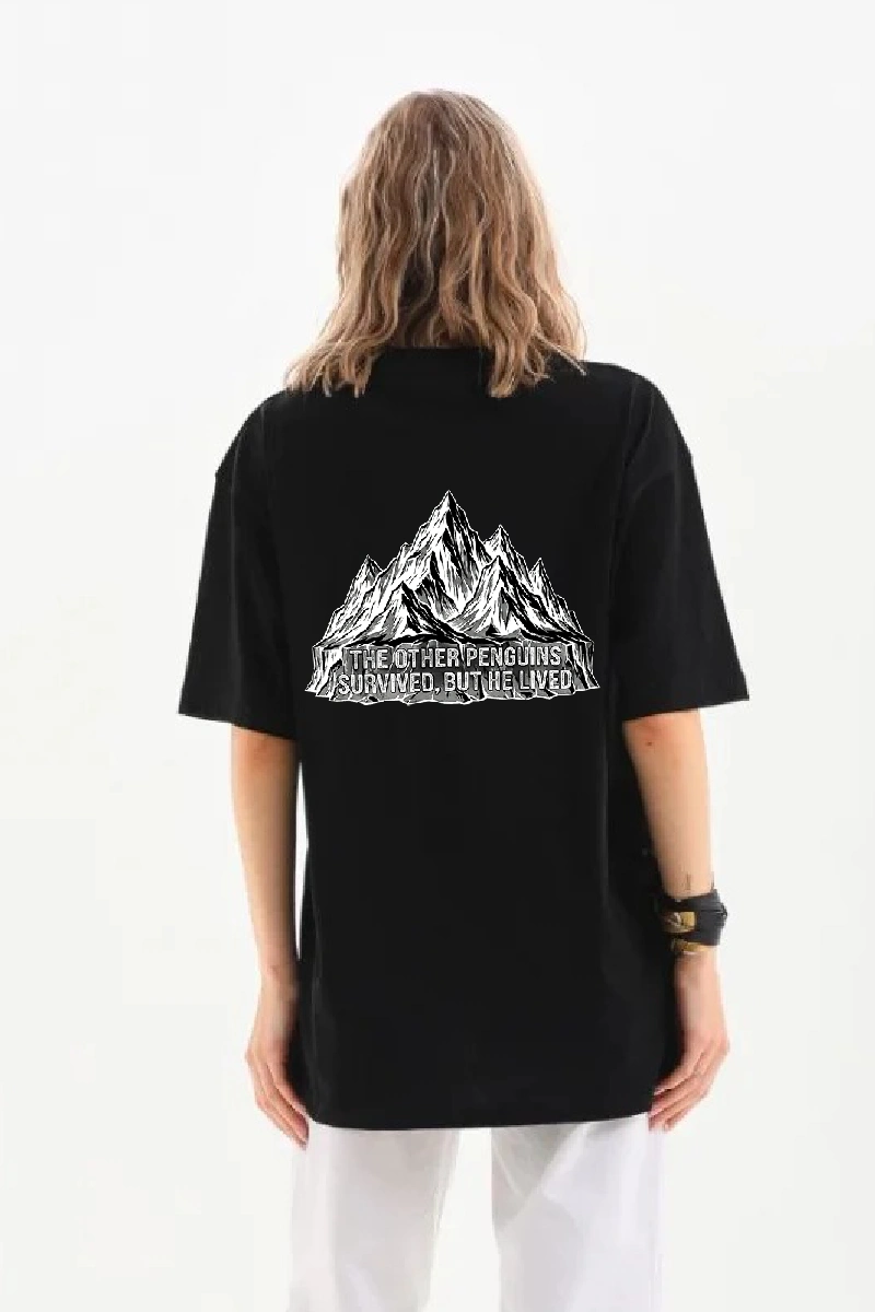 Kadın T-Shirt Penguen Baskılı Bisiklet Yaka Kısa kol yazlık Tişört - Siyah