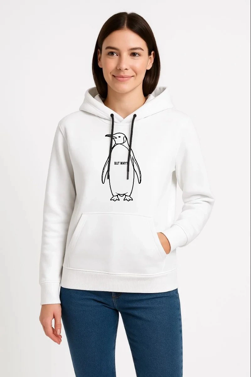 Kadın 3 İplik Pamuklu Kapüşonlu Hoodie Sweatshirt Nihilist Penguen Baskılı - Beyaz
