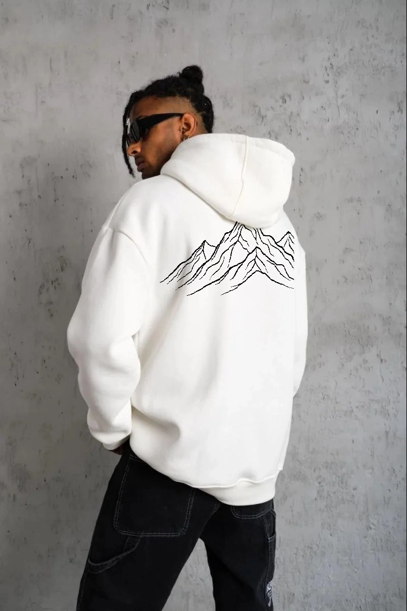 Erkek Nihilist Penguen Baskılı 3 İplik Pamuklu Kapüşonlu Sweatshirt Hoodie Beyaz