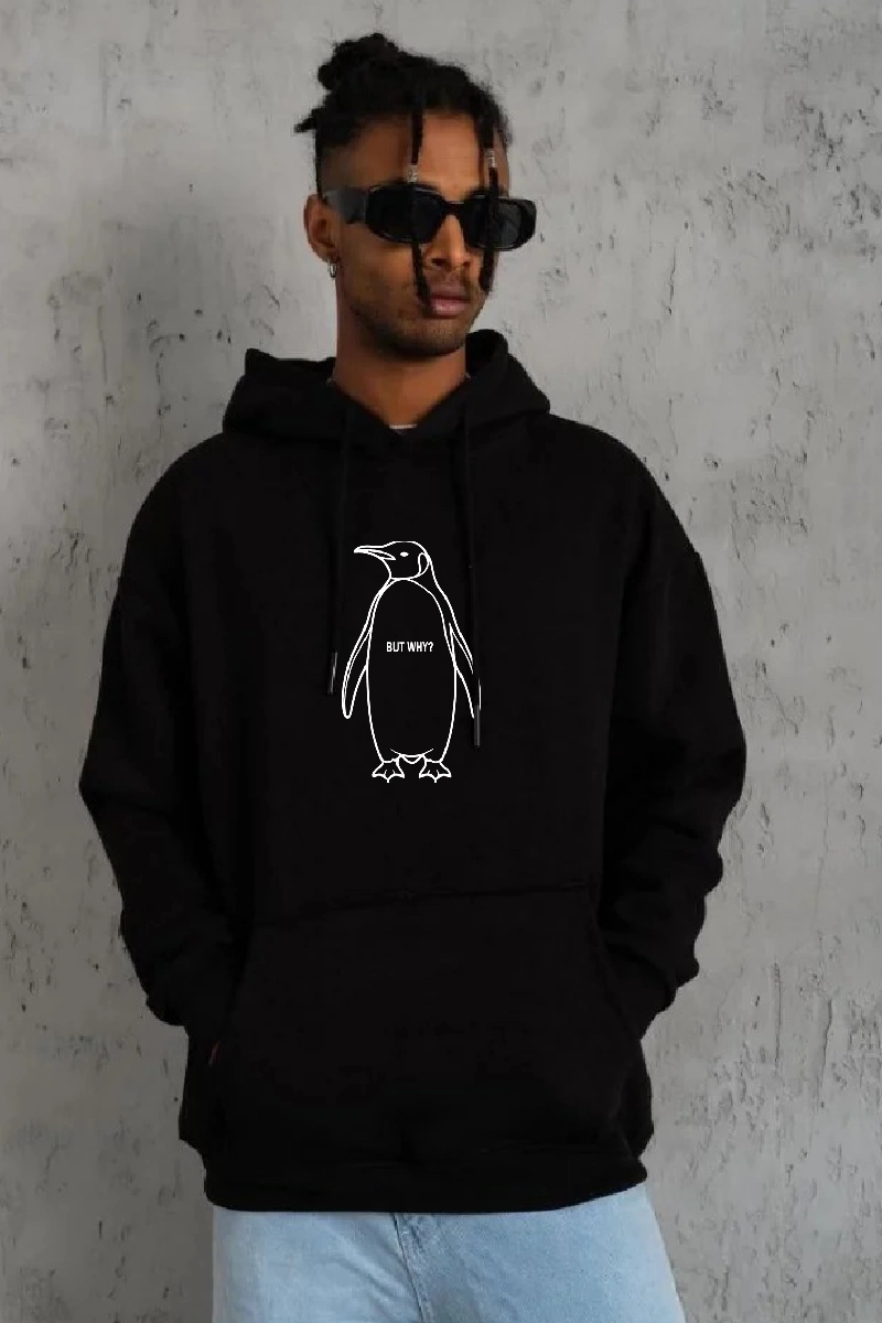 Erkek Nihilist Penguen Baskılı 3 İplik Pamuklu Kapüşonlu Sweatshirt Hoodie Siyah
