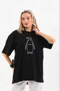 Kadın T-Shirt Nihilist Penguen Baskılı Bisiklet Yaka Kısa kol yazlık Tişört - Siyah
