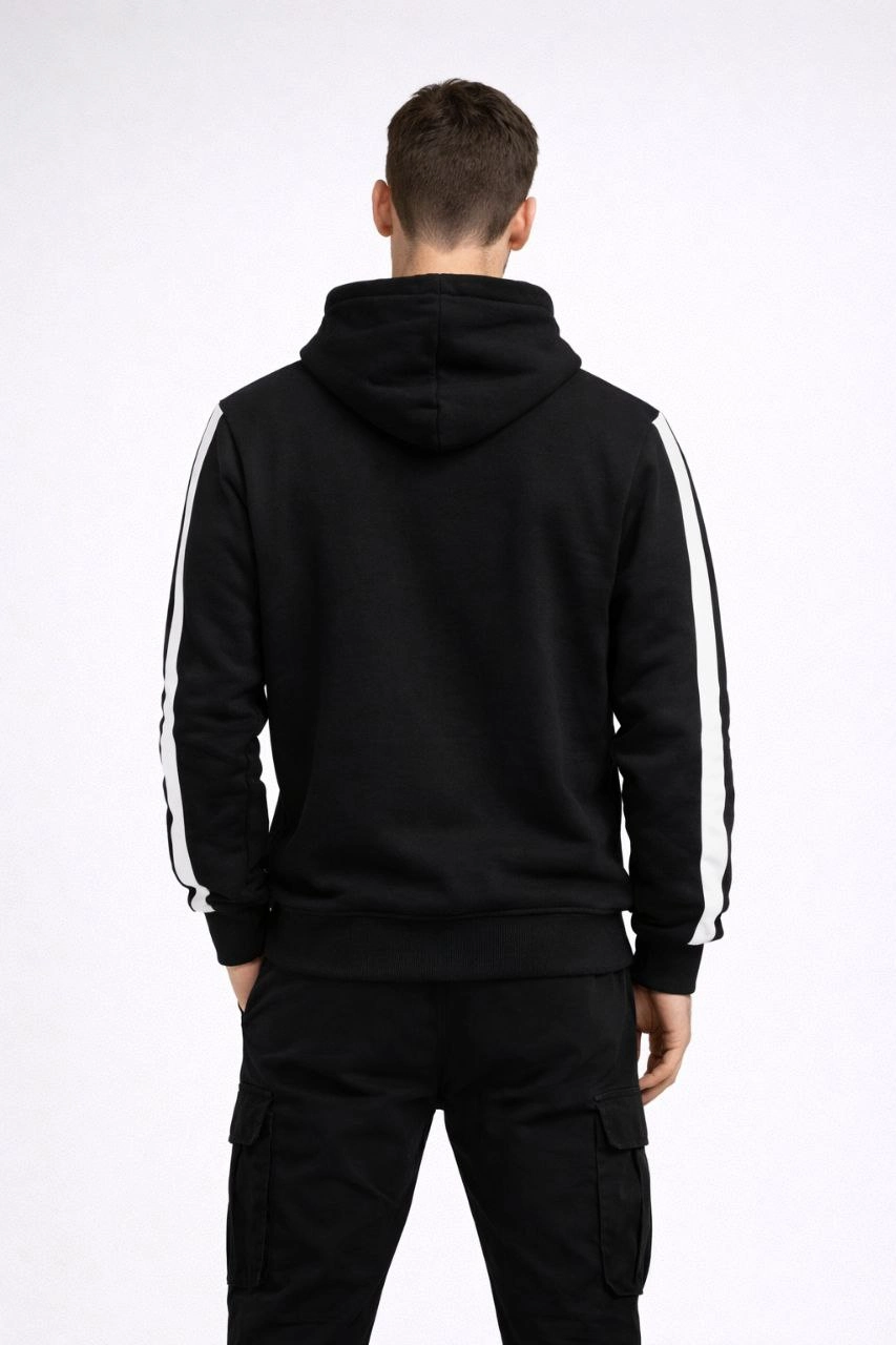 Erkek Şeritli Kapüşonlu Sweatshirt Oversize 3 iplik Pamuklu Hoodie - Siyah