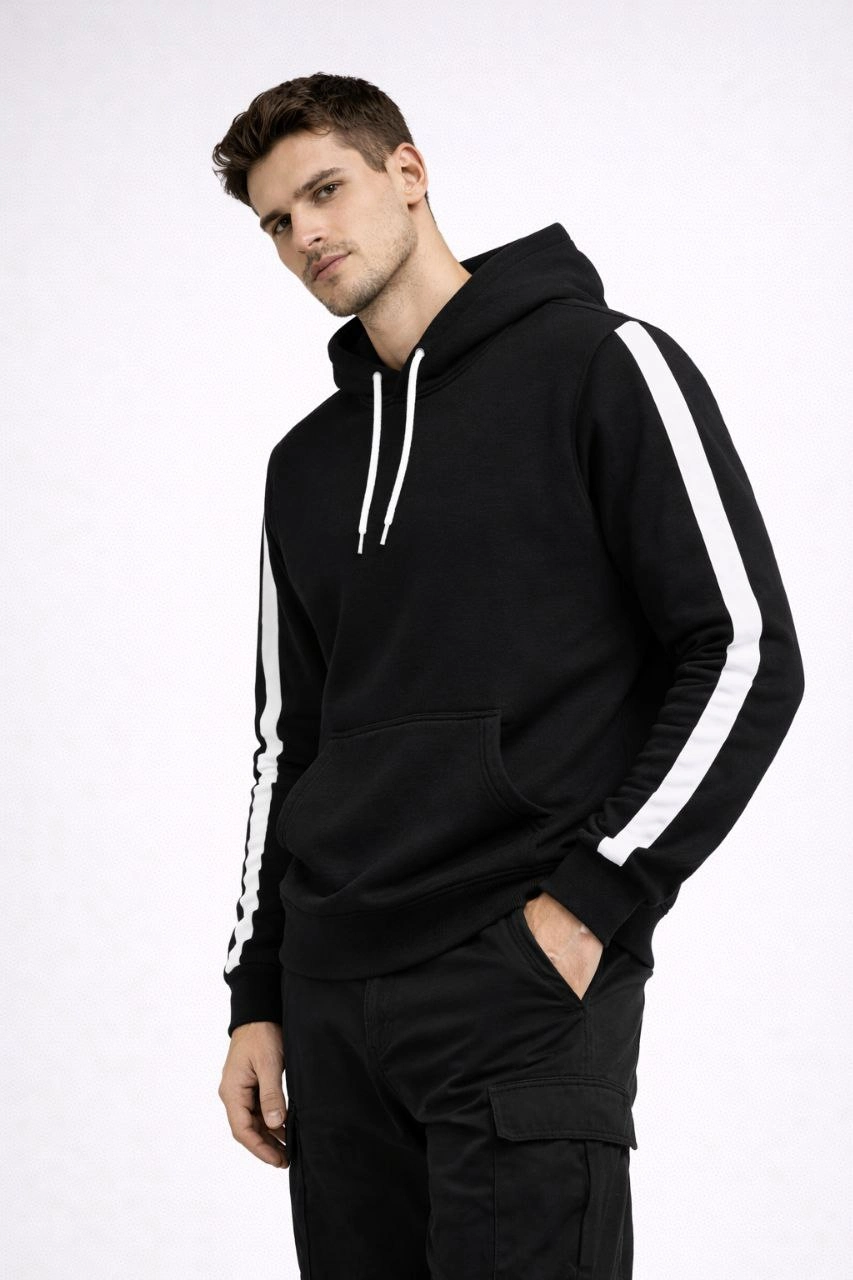 Erkek Şeritli Kapüşonlu Sweatshirt Oversize 3 iplik Pamuklu Hoodie - Siyah