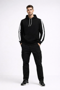 Erkek Şeritli Kapüşonlu Sweatshirt Oversize 3 iplik Pamuklu Hoodie - Siyah
