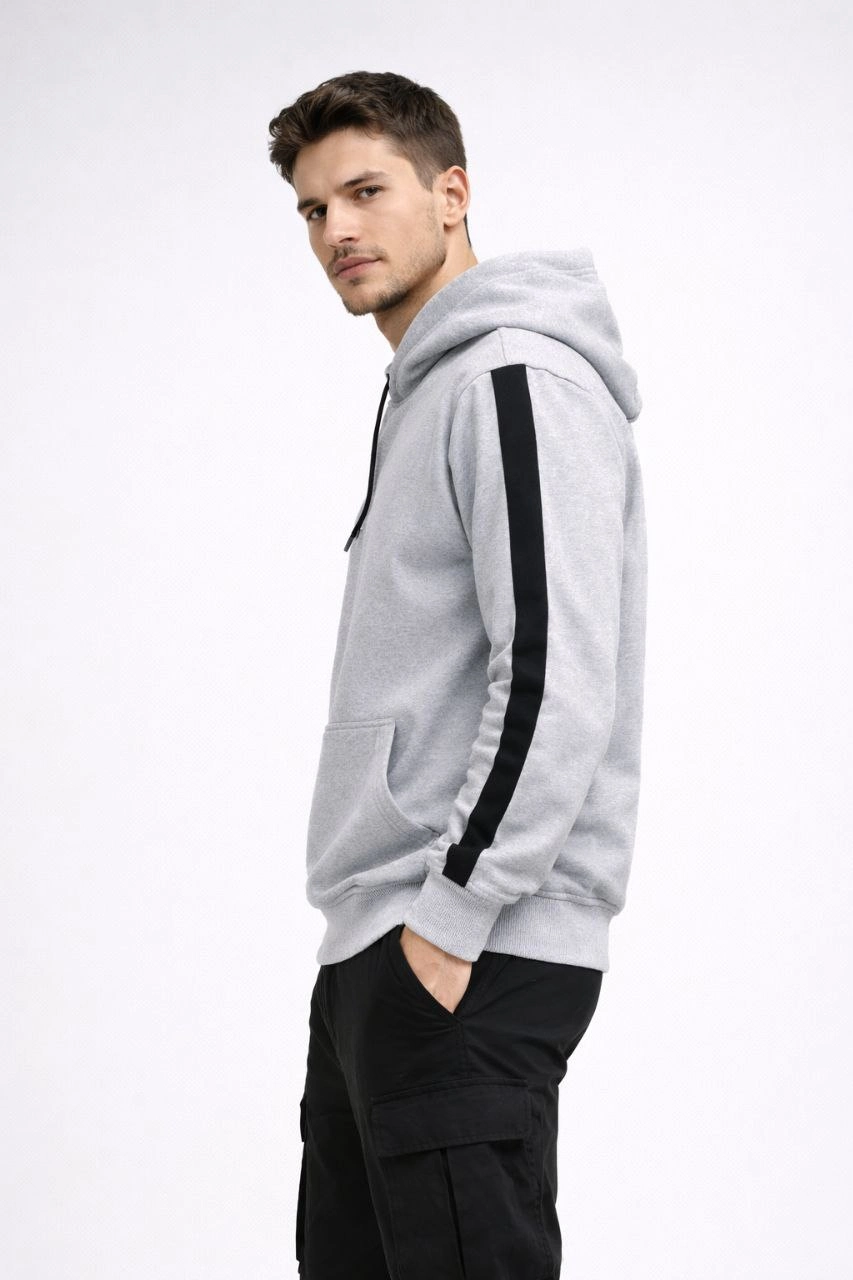Erkek Şeritli Kapüşonlu Oversize Sweatshirt 3 iplik Pamuklu hoodie - Beyaz