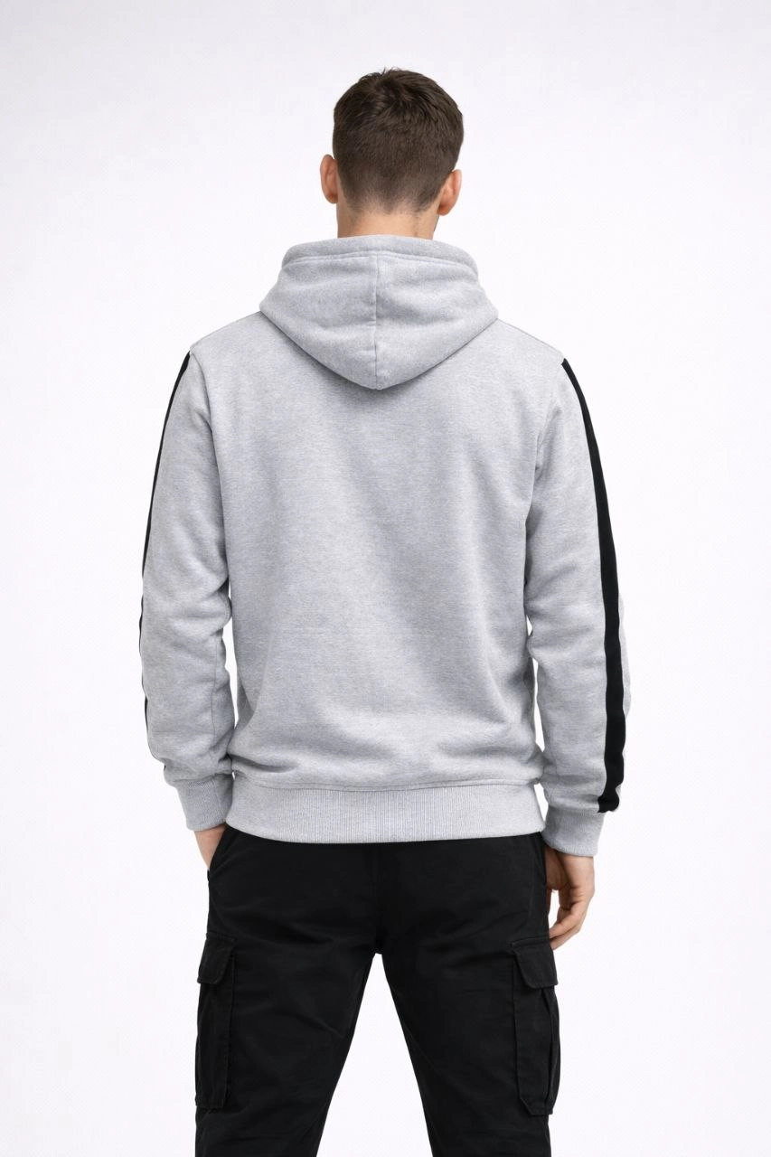 Erkek Şeritli Kapüşonlu Oversize Sweatshirt 3 iplik Pamuklu hoodie - Beyaz