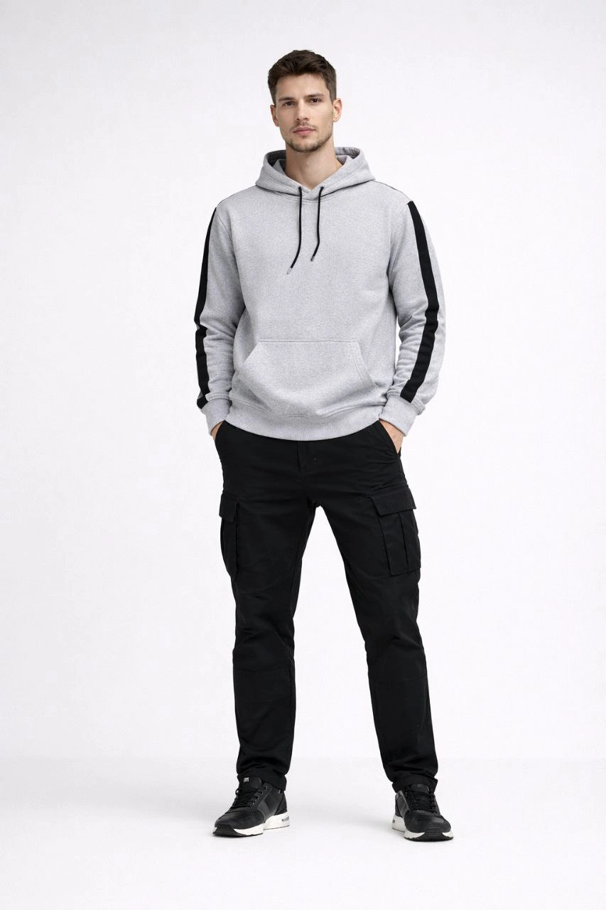 Erkek Şeritli Kapüşonlu Oversize Sweatshirt 3 iplik Pamuklu hoodie - Beyaz