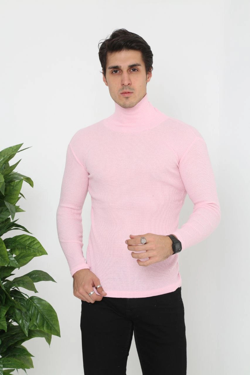 Erkek Fitilli Kaşkorse Kumaş Boğazlı Full Likralı Slimfit Body - Toz Pembe