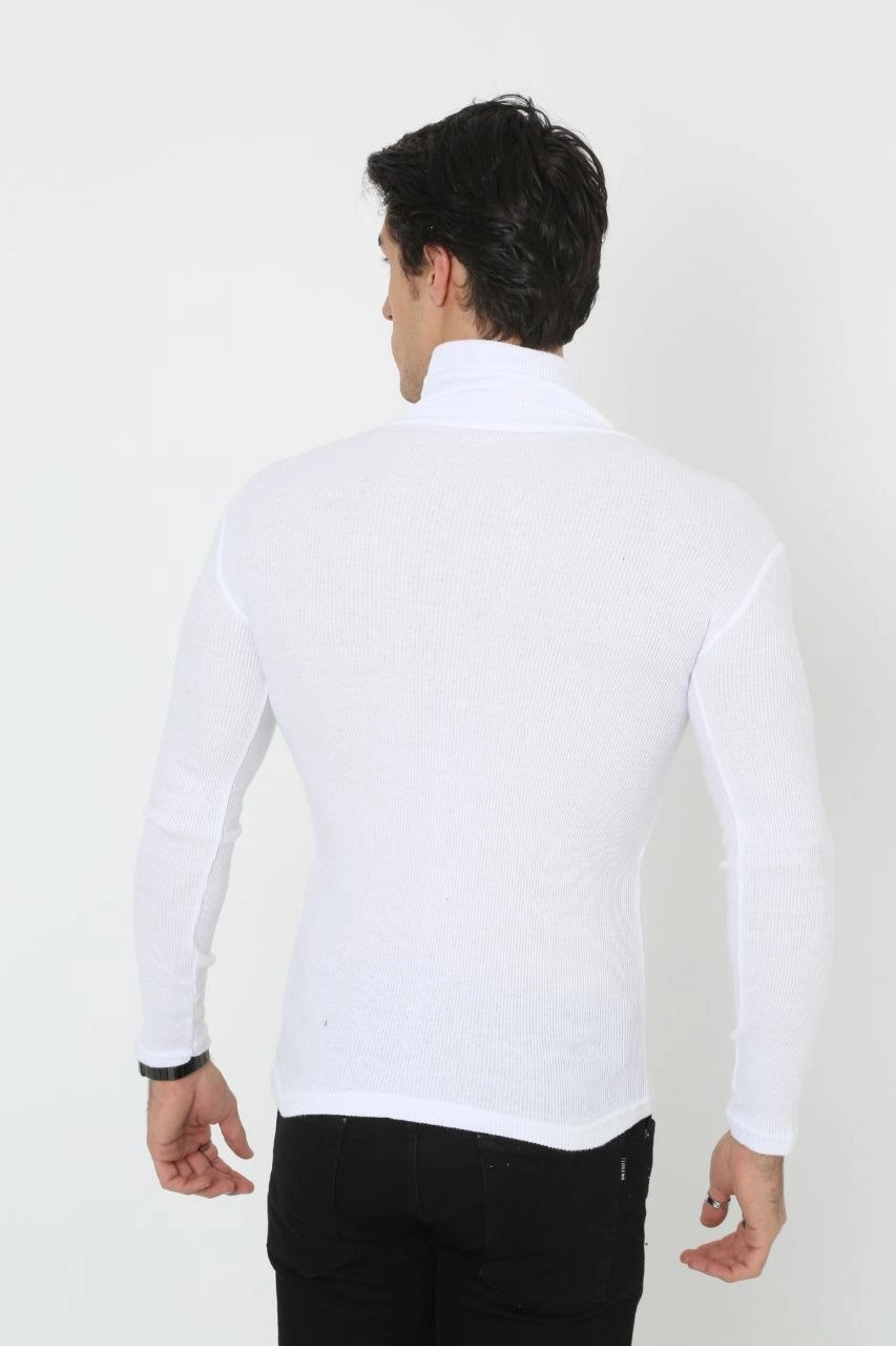Erkek Fitilli Kaşkorse Kumaş Boğazlı Full Likralı Slimfit Body - Beyaz