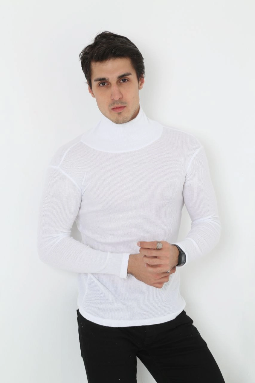 Erkek Fitilli Kaşkorse Kumaş Boğazlı Full Likralı Slimfit Body - Beyaz