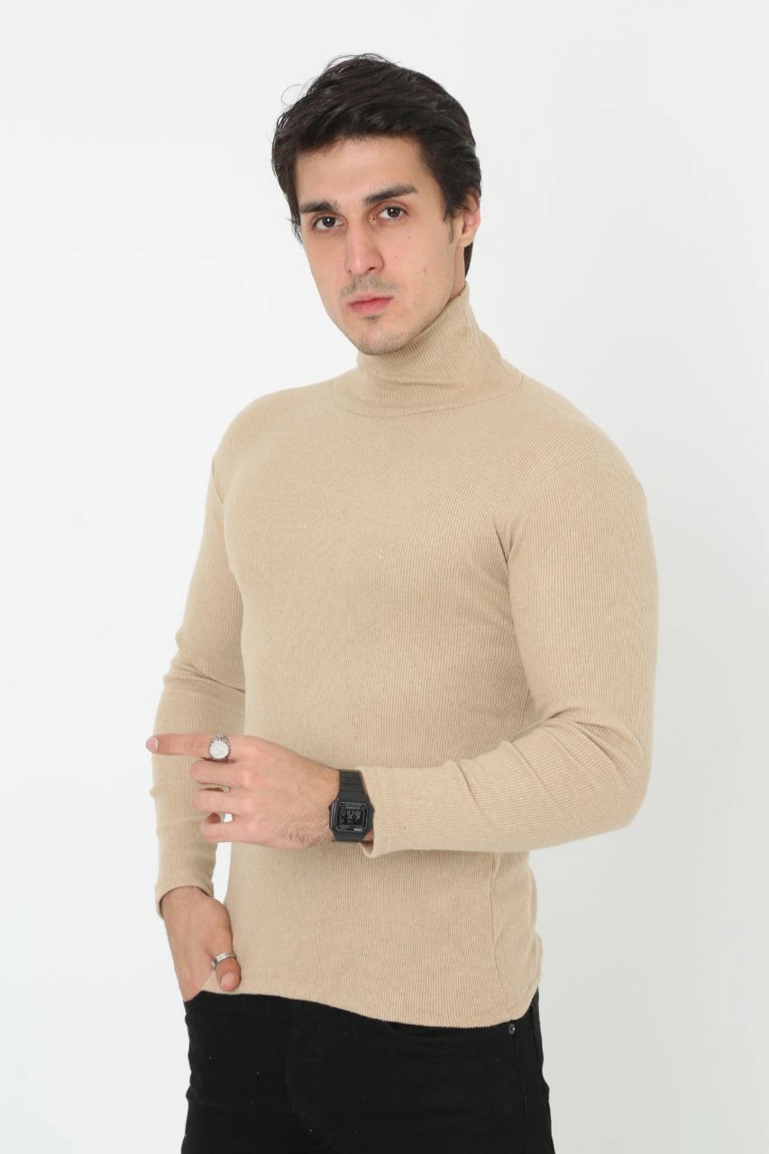 Erkek Fitilli Kaşkorse Kumaş Boğazlı Full Likralı Slimfit Body - Bej