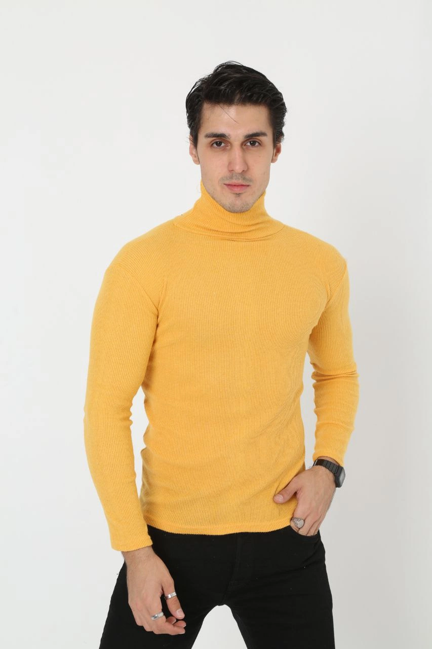 Erkek Fitilli Kaşkorse Kumaş Boğazlı Full Likralı Slimfit Body - Sarı