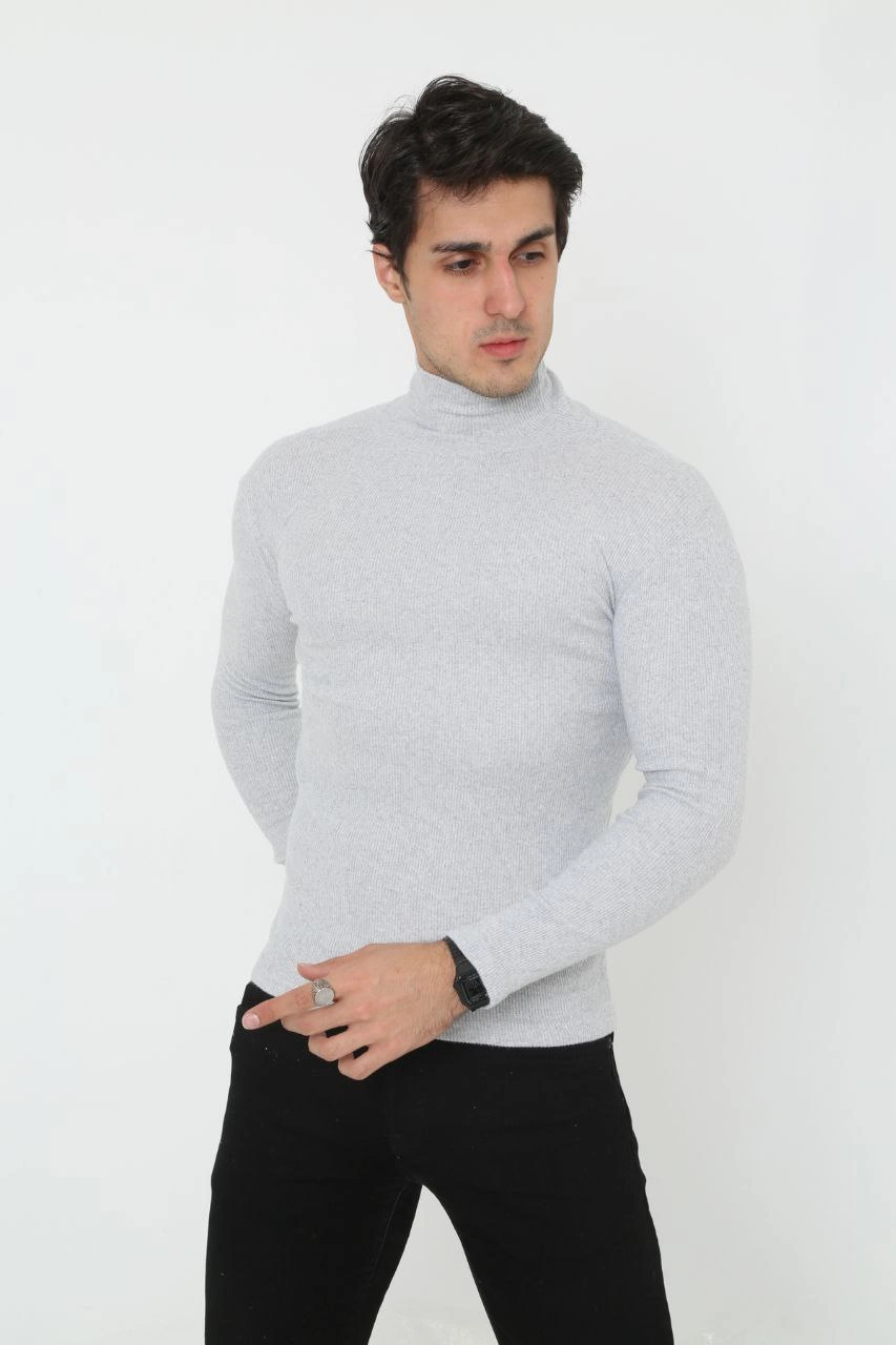 Erkek Fitilli Kaşkorse Kumaş Boğazlı Full Likralı Slimfit Body - Gri