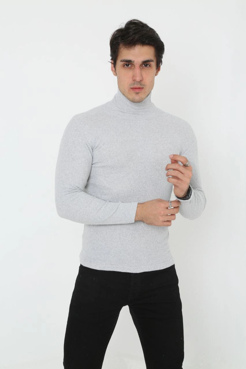 Erkek Fitilli Kaşkorse Kumaş Boğazlı Full Likralı Slimfit Body - Gri
