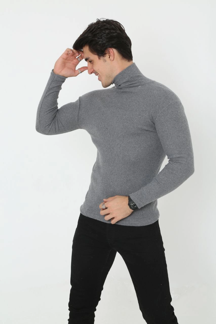 Erkek Fitilli Kaşkorse Kumaş Boğazlı Full Likralı Slimfit Body - Füme