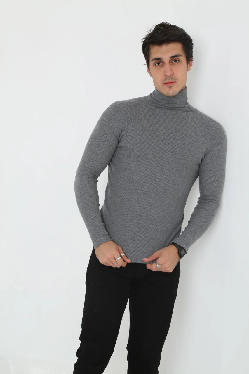 Erkek Fitilli Kaşkorse Kumaş Boğazlı Full Likralı Slimfit Body - Füme