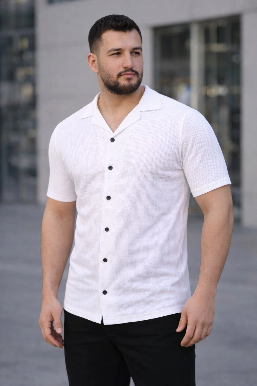 Erkek Waffle Kumaş Açık Yakalı Düğmeli Regular Fit Gömlek 2’li Set Siyah-Beyaz