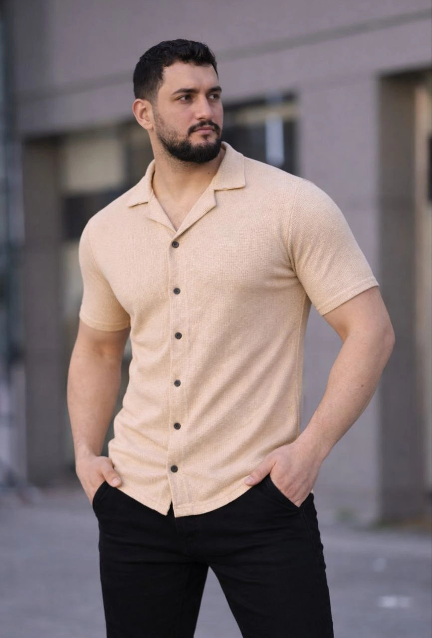 Erkek Waffle Kumaş Yakalı Kısa Kol Düğmeli Gömlek 3’lü Set Bej-Beyaz-Lacivert