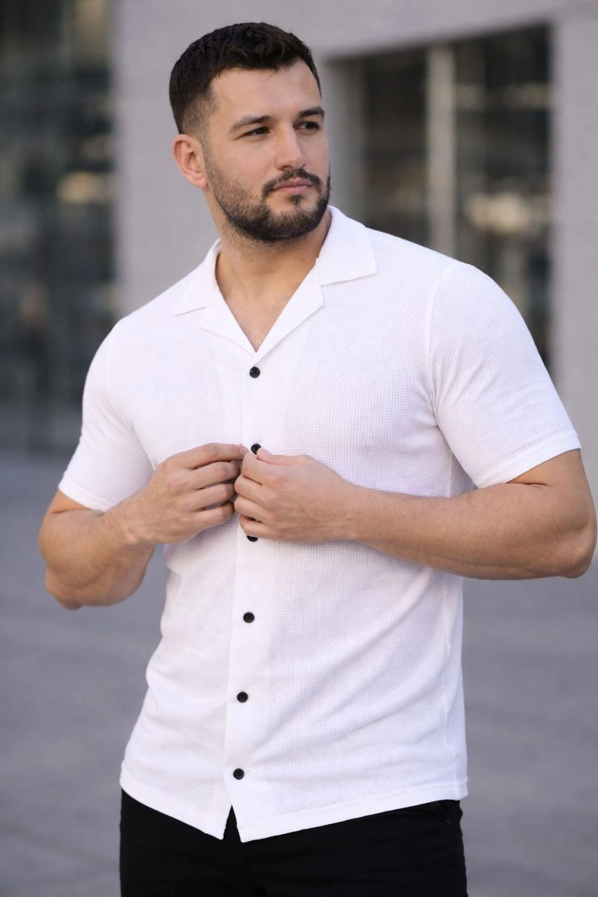 Erkek Waffle Kumaş Açık Yakalı Düğmeli Regular Fit Gömlek 2’li Set Siyah-Beyaz