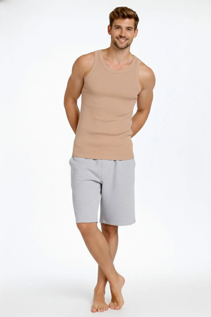 Erkek Fitilli Atlet Sıfır Yaka Slim Fit Arka Baskılı Spor Atlet - Bej