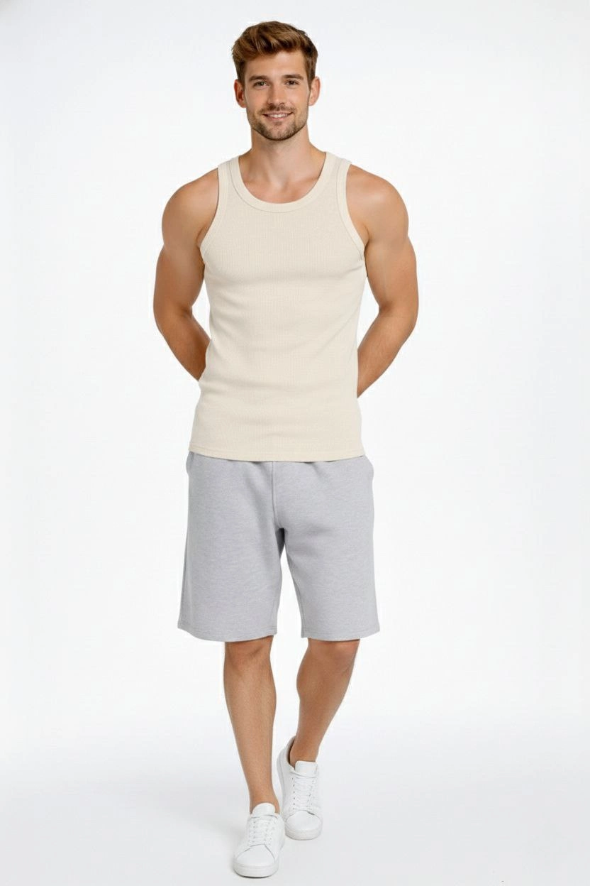 Erkek Fitilli Atlet Sıfır Yaka Slim Fit Arka Baskılı Spor Atlet - Krem