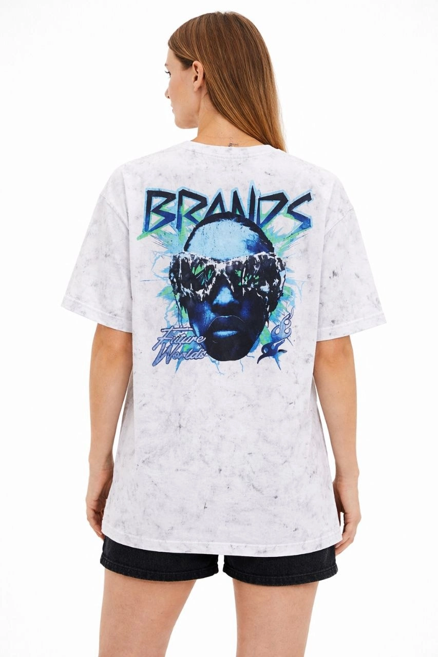 Kadın Asit Yıkamalı Oversize Tişört Bisiklet Yaka Kısa Kol T-shirt - Beyaz