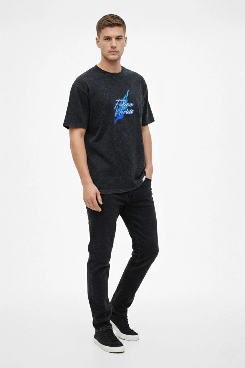 Erkek Asit Yıkamalı Oversize Tişört Bisiklet Yaka Kısa Kol T-shirt - Siyah