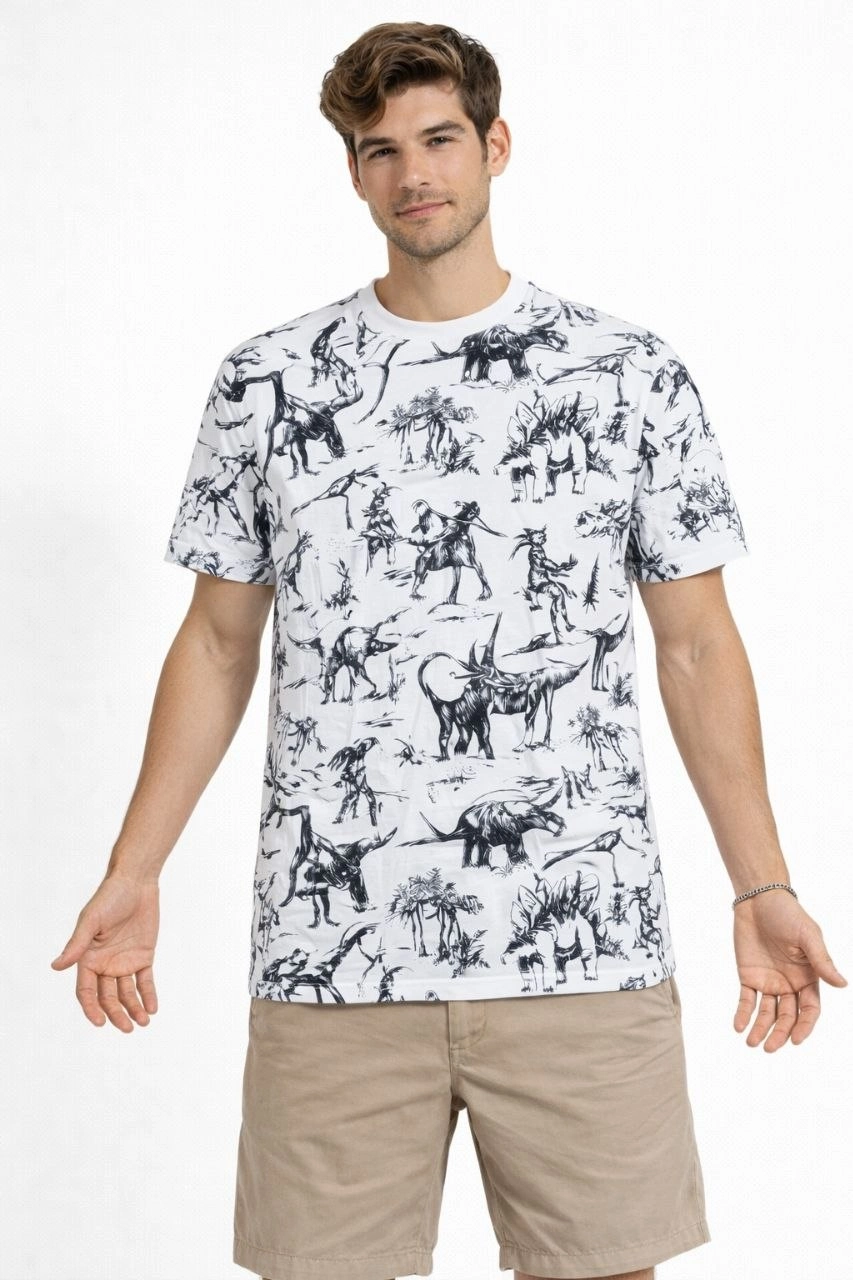 Erkek Dinozor Dijıtal ön ve arka Baskılı Tişört Bisiklet Yaka T-Shirt - Beyaz