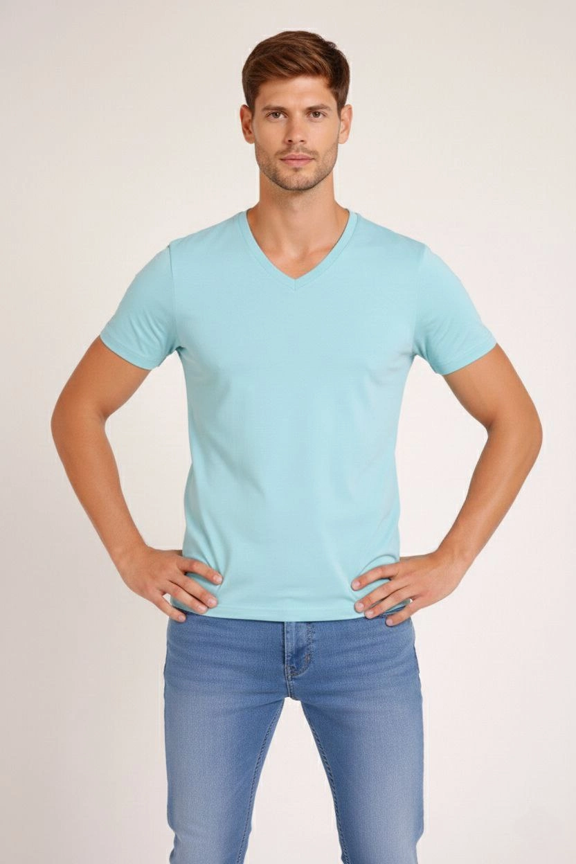 Erkek Body T-shirt V Yaka Slim Fit Likralı Kısa kol Tişört - Turkuvaz