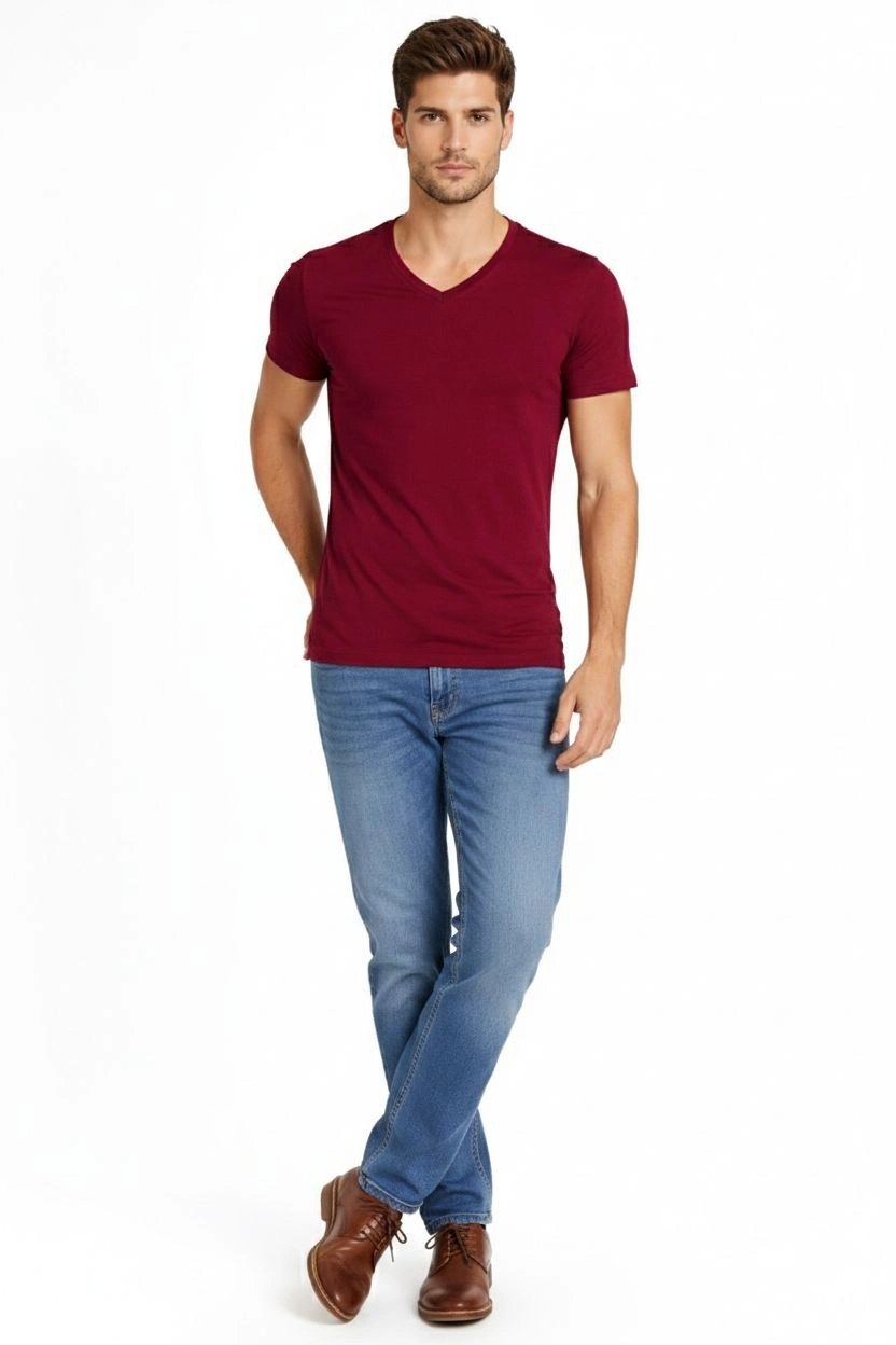 Erkek Body T-shirt V Yaka Slim Fit Likralı Kısa kol Tişört - Bordo