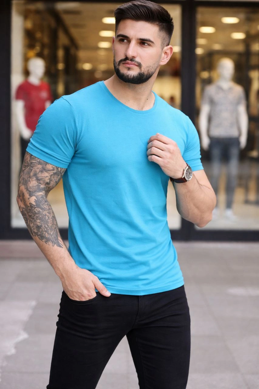 Erkek Body Tişört Bisiklet Yaka Slim Fit Likralı T-Shirt - Açık Mavi