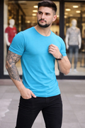 Erkek Body Tişört Bisiklet Yaka Slim Fit Likralı T-Shirt - Açık Mavi