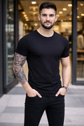 Erkek Body Tişört Bisiklet Yaka Slim Fit Likralı T-Shirt - Siyah
