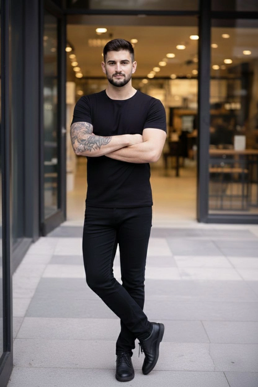 Erkek Body Tişört Bisiklet Yaka Slim Fit Likralı T-Shirt - Siyah